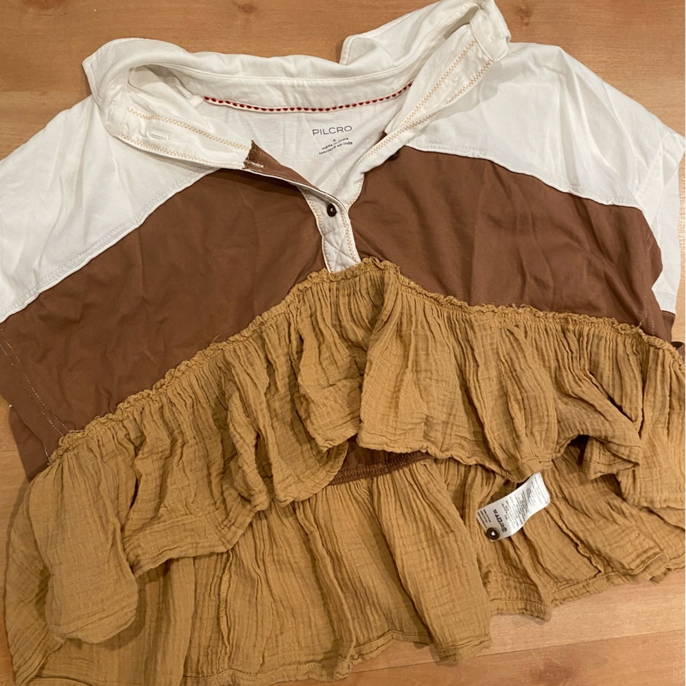 Pilcro Colorblock Ruffle Peplum Top in White, Brown and Mustard - Picture 3 of 3